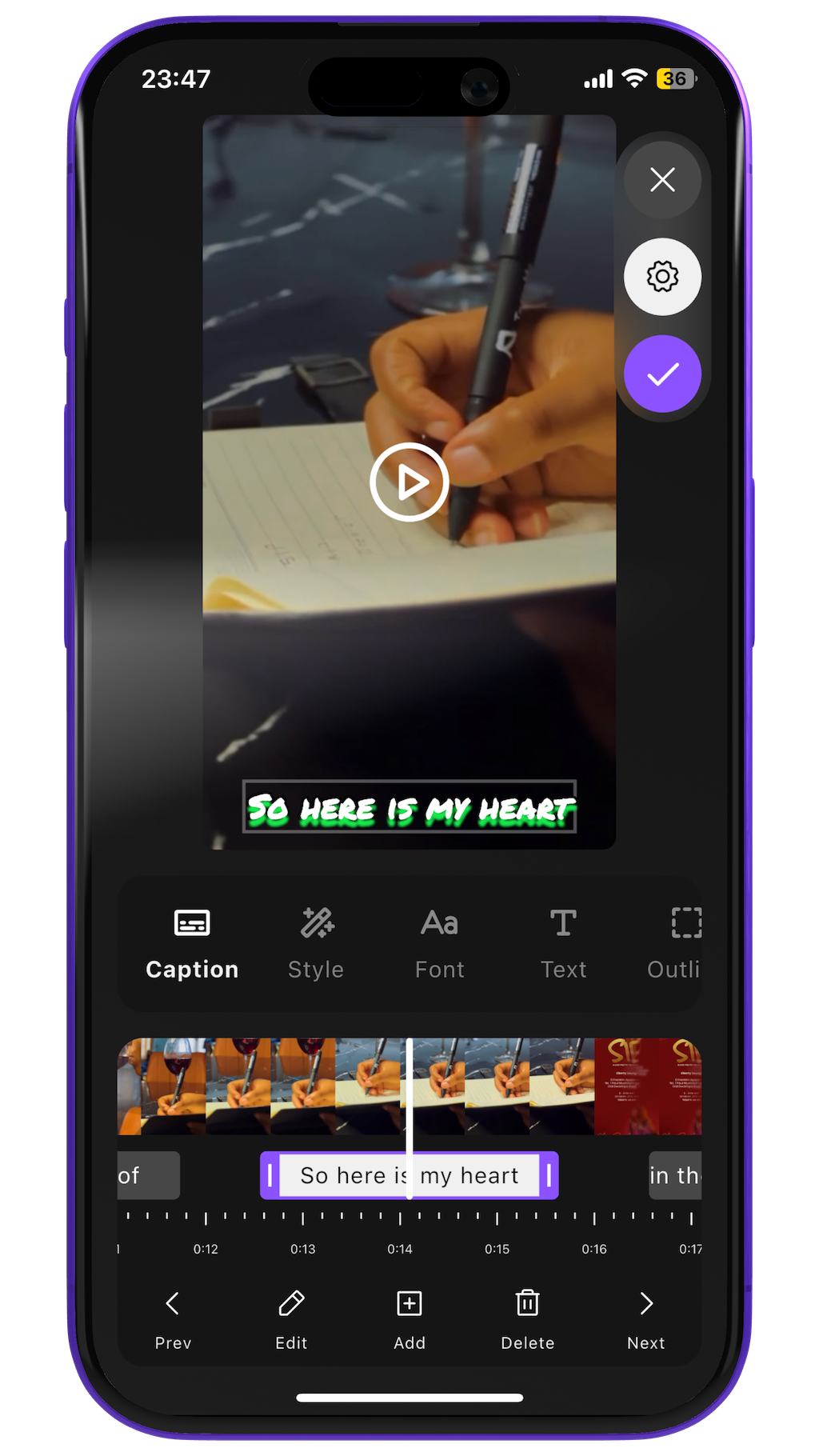 Title video caption app dark mode interface with AI subtitle generation
